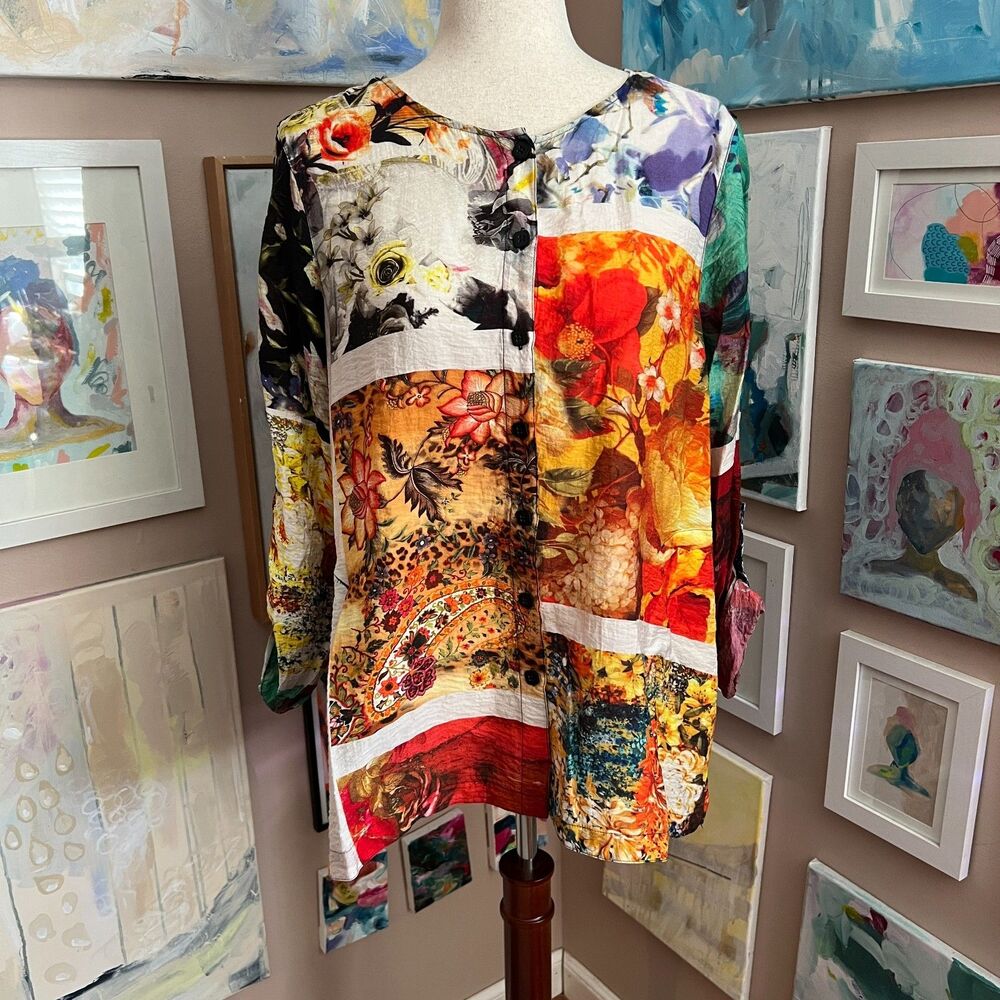 John Mark Mixed Print Patchwork Boho Tunic Top Artsy Eclectic Lagenlook Size S